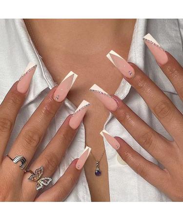 YOSOMK French Tip Press on Nails Long with Rhinestones - Pink & White Coffin Artificial Nails for Women - Buy Online on GoSupps.com