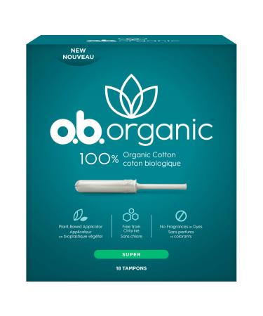 o.b. Organic Tampons with New Plant-Based Applicator, 100% Organic Cotton, Super, 18Count