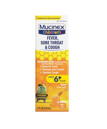 Mucinex Children's Fever Sore Throat & Cough Medicine Kids Cold Medicine/Kids Cough Medicine Kids Medicine for Multi-Symptom Relief Honey Flavor Liquid 4 Fl Oz