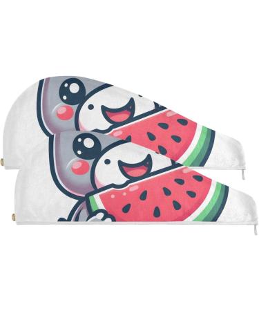 Cute Hippopotamus Watermelon Hair Towels 2 Pack | Super Absorbent Quick Dry Hair Turbans for Women & Girls - Buy Online on GoSupps.com