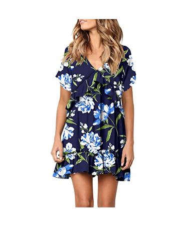 Hawaiian Dress for Women Tropical Leaf Print Sundress Short Sleeve V Neck Swing Mini Dresses Navy #01 Large