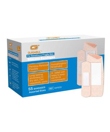 Painless Removal Silicone Bandages for Elderly Sensitive Skin - 40 Counts 0.75''x3'' Medium and 15 Counts 1.63''x4'' Extra Large Bandaids by G+ GUIGABUL - Hypoallergenic - Latex Free