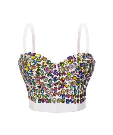 Performance Clothing Hand Sewn Nightclub Rhinestone Suspender Sequin Diamond Corset Top Women Women Sports Bra White X-Large