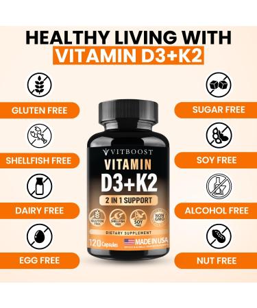 VITBOOST Vitamin D3 K2 Complex - Easy to Swallow - Vitamin D (D3) 5000 IU (125 mcg) & K2(MK-7) 90 mcg | Non-GMO | Gluten-Free | USA Made | 120 Capsules 120 Count(Pack of 1) - Buy Online on GoSupps.com