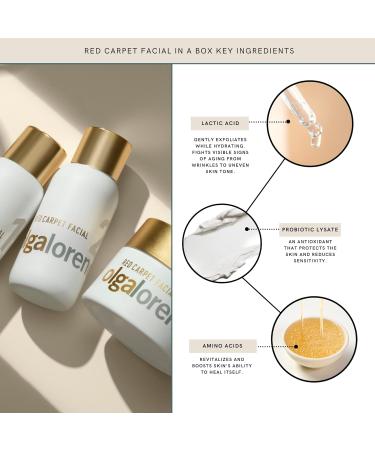 Olga Lorencin Red Carpet Facial in a Box 3 Step Peel Hydrating Mask & Gentle Exfoliation with Lactic Acid & Probiotics for Glowing Skin - Buy Online on GoSupps.com