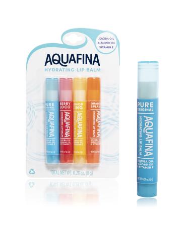 Aquafina Hydrating Lip Balm Jojoba & Almond Oils VIT. E New Flavors- 4 Pack (Lemon Zing Orange Splash Berry Loco Pure Original)