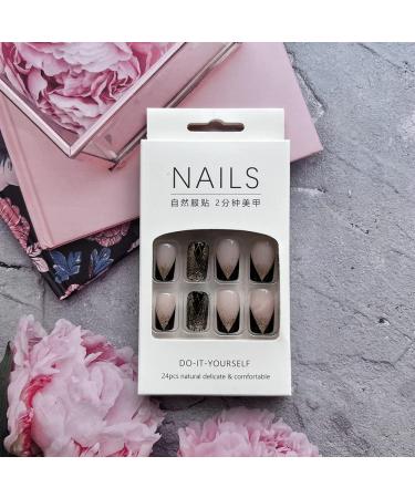 Black & Gold Glitter French Tip Press on Nails - 24Pcs - Buy Online on GoSupps.com