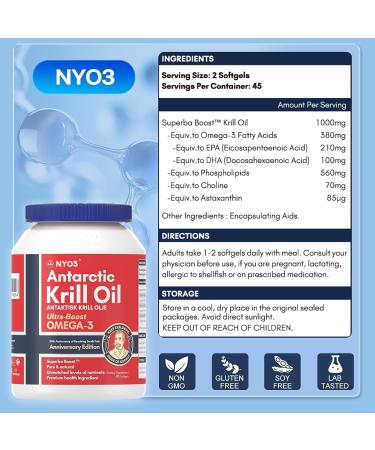 NYO3 Krill Oil - 90 Capsules | Pure Norway 270mg Omega 3 150mg EPA 70mg DHA 560mg Phospholipids 70mg Choline & 85mcg Astaxanthin - International Shipping - Buy Online on GoSupps.com