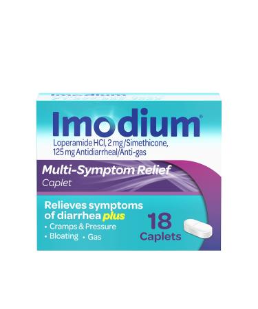 Imodium Multi-Symptom Relief Caplets with Loperamide Hydrochloride and Simethicone, Anti-Diarrheal Medicine for Treatment of Diarrhea, Gas, Bloating, Cramps & Pressure, 18 ct