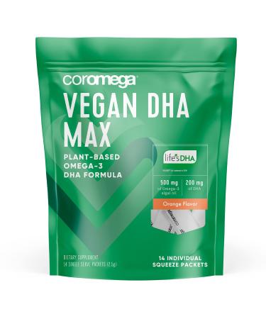 Coromega Vegan DHA, Plant-Based Omega-3 Algal Oil, Heart, Eye, Immune & Brain Health, Orange Flavor, 14 Ct Vegan Orange 1 Count (Pack of 14)