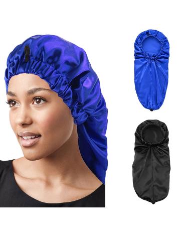 2 Pack Long Satin Hair Braid Bonnet for Black Women Adjustable Sleep Cap Braid Bonnet with Button Black+blue