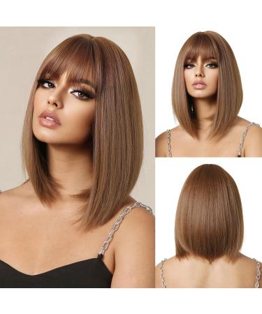 OUFEI Brown Bob Wig With Bangs Short Straight Wig For Women Synthetic Hair Wigs for Daily Party Cosplay Wear Brown straight bob