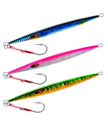 Goture Saltwater Jigs Fishing Lures,Vertical Slow Pitch Jigs Saltwater with Assist Hook, Glow Stick Lead Jig for Tuna Salmon,Fishing Gear for Men Gifts 80g 100g 150g 200g 250g Saltwater Jigs-Multicolor 3Pcs - 3.53 Oz