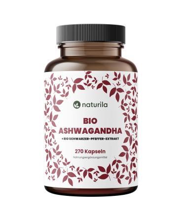 Naturila Bio Ashwagandha capsules High dose (270 pcs.) - 1980mg Bio Ashwagandha powder per daily dose + organic black pepper extract - sleep berry - vegan laboratory test without unwanted additives