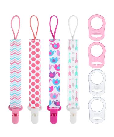 Aolso Silicone Dummy Clips Adapter 4pcs Baby Pacifier Chain with 4pcs Adapters Silicone Ring Adapter Baby Pacifier Holder Soother Clip Chain Straps Baby Teething Toys 4pcs-pink/white