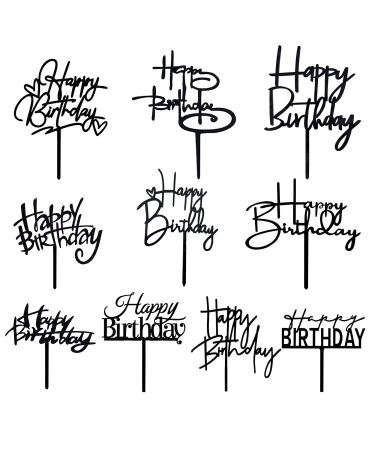 10 PCS Black Happy Birthday Cake Topper Acrylic Cupcake Topper A Series of Birthday Cake Supplies Decorations