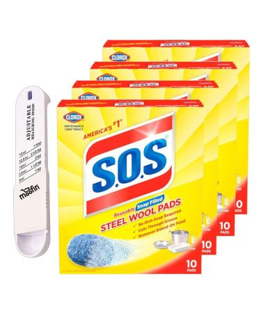 S.O.S Steel Wool Pads 10 Ct - Includes Steel Wool Soap Pads for Cleaning Scrubbing & Rust Removal with Moofin Plastic Measuring Spoon Versatile on Metal Wood Plastic Ideal for Tough Stains &