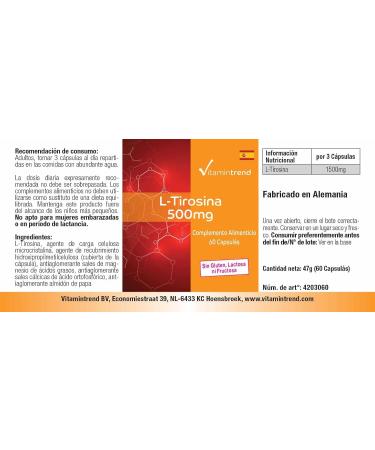 L-Tyrosine 500mg - 60 Capsules - Proteinogenic Amino Acid - High Dosed - Supplements from Germany | Vitamintrend . - Buy Online on GoSupps.com