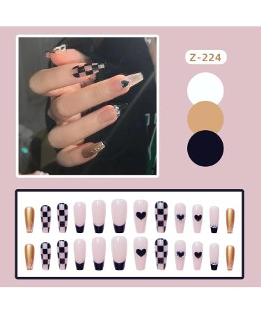 French Tip Press on Nails - Long T Press On Nails with Nail Tips Checkerboard Design Black Hearted press on nails Acrylic False Nails Cute Artificial Nails - Buy Online on GoSupps.com