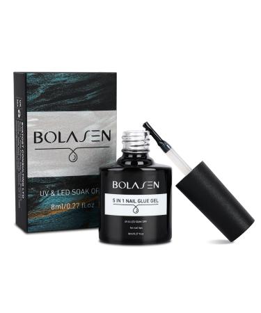 BOLASEN 5 in 1 Gel Nail Glue for Acrylic Nails - 1PCS 8ML Curing Needed UV Extension Glue, Brush On Gel X Nail Glue for Press On Nails and Nail Tips, Super Strong & Long Lasting for Home and Salon 1pcs nail glue gel