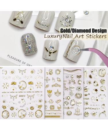3D Nail Art Stickers Gold/Diamond Design - Luxury Self-Adhesive Decals for Women & Girls - Salon Quality Metallic Nail Stickers - Includes Nail Tweezers - 11-20 Sheets - Buy Online on GoSupps.com