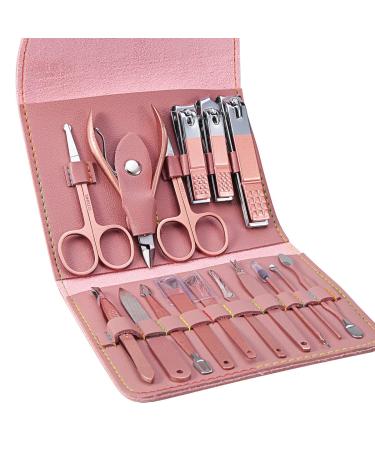 Leipple Manicure Set Professional Nail Clippers Pedicure Kit - 16 pcs Stainless Steel Grooming Kit - Nail Care Tools with Luxurious Travel Leather Case (Pink)