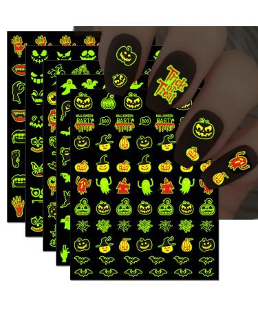 Grow in The Dark Halloween Nail Stickers 3D Luminous Ghost Nail Art Decals Self-Adhesive Pumpkin Spider-Web Bat Design for DIY Nail Supplies Decoration (9 Sheets)