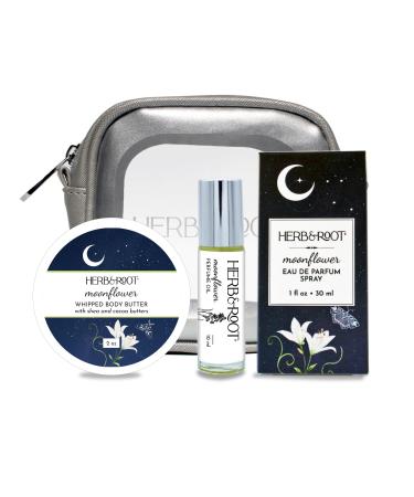 Herb & Root Moonflower Perfume Gift Set Eau de Parfum Rollerball Body Butter Makeup Case | Scent of Tuberose Jasmine Orris | White floral