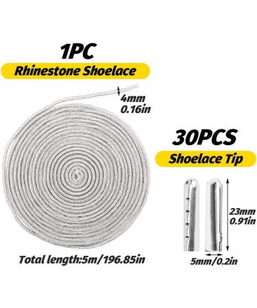Rhinestone Shoe Laces Set with Metal Tips - 5.47 Yards Glitter Cords for DIY Hoodie, Pants, Hats (Silver) - Buy Online on GoSupps.com