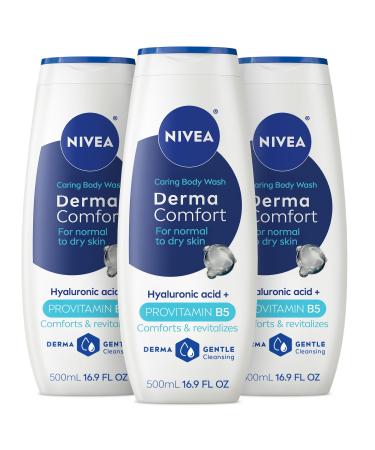 NIVEA Derma Comfort Caring Body Wash for Normal to Dry Skin Body Wash with Hyaluronic Acid and Provitamin B5 16.9 Fl Oz Bottle Pack of 3