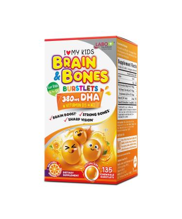 LABO Nutrition I My Kids Brain & Bones Chewable Burstlet Gluten Free for Stronger Bones & Behavioral Management 76% Ultra-Concentrated rTG Form Omega 3 DHA Fish Oil Vitamin D3 & K2 Orange
