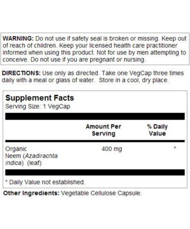 Solaray Neem 400 mg - Organic Neem Capsules | 100 VegCaps for Natural Health - Buy Online on GoSupps.com