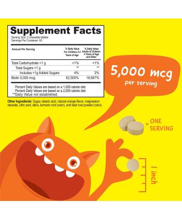 VitaWorks Kids Biotin 5000mcg Chewable Tablets - Natural Orange Flavor - 120 Chewables for Hair, Skin, Nails - Vegan, GMO-Free, Gluten-Free - Buy Online on GoSupps.com