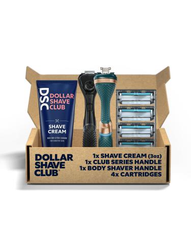 Dollar Shave Club Full Body Shaving Kit with Diamond Grip Club Series Razor Handle No Slip Body Shaving Handle 4-Blade Razor Refill Cartridges and Shave Cream 3oz. Razors for Men & Women 4 Blade Full Body Shave Kit