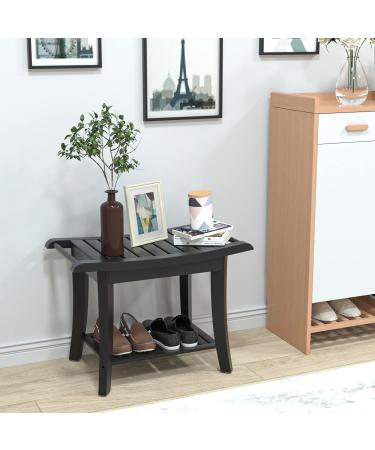 Bamboo Shower Stool Bench Waterproof with Storage Shelf for Shaving Legs or Spa Bath Seat in Bathroom & Inside Shower for Adults Seniors Elderly (24 x 13.4 x 18.5 inches+Black) - Buy Online on GoSupps.com