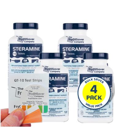 4 x Steramine Quaternary Sanitizing Tablets Sanitizing Food Contact Surfaces By The FryOilSaver Co Includes 1 x Test Kit of 15 x QT-10 Test strips 4 Pack