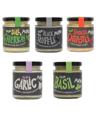 BeSaucy Vegan Mayo Jar Pick N Mix - Choose From 5 Flavours | Basil Black Truffle Dill & Gherkin Garlic Smoked Chipotle Vegan-Mayonnaise - Pack of 4 x 180g Glass-Jar
