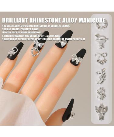3D Nail Charms 24pcs Shiny Rhinestones Heart Bow Dangle Gems - Silver Metal Nail Jewelry for Luxury Nail Art Designs - Buy Online on GoSupps.com