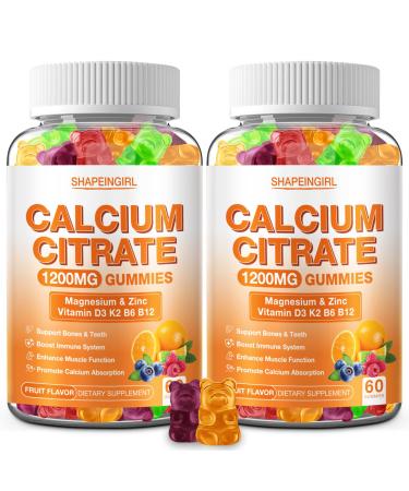 1200mg Calcium Citrate with Vitamin D3 K2 B6 & B12 Calcium Supplements for Women & Men Plus Magnesium Zinc for Bones Muscle & Immune Support High Absorption Fruit Flavor 120 Calcium Gummies 60 Count (Pack of 2)