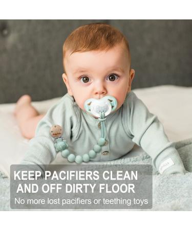 Sage Green & Slate Blue Silicone Pacifier Clip Holder 2 Pack - Baby Soother Binky Teething Ring - Wooden Design - Flexible & Durable - Buy Online on GoSupps.com