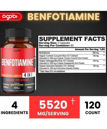 4in1 Benfotiamine Supplement 5520mg - Boost Digestion, Energy, & Immune System - With Turmeric, Ashwagandha, Gymnema Sylvestre - 120 Capsules - Buy Online on GoSupps.com