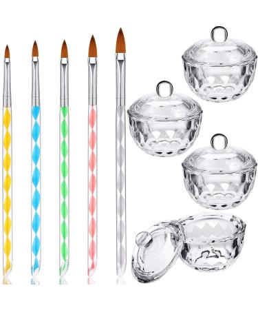 9 Pcs Acrylic Liquid Styling Tool Set Nail Art Bowl and Brush Set Includes 4 Glass Dappen Dish Bowl Clear Liquid Dappen Cup with Lid and 5 Acrylic Nail Brush Painting Drawing Brush Pen Kit