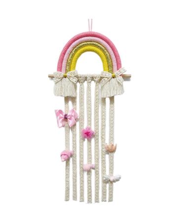 Sigdio Hair Bows Holder Handmade Bohemian Girls Clips Organizer Hairpins Rainbow Hanger for Storage or Decoration (Cream Pink)