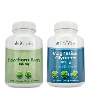 Purely Holistic Hawthorn Berry 665mg + Magnesium Glycinate 400mg + 150 Capsules & 270 Tablets - Vegan Bundle - Made in The USA
