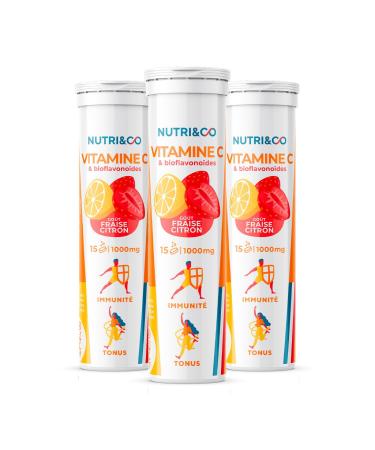 NUTRI & CO Vitamine C 1000mg & Bioflavono des - 45 jours - 100% Pure & Clean - Go t Citron-Fraise - Lot de 3x 15 comprim s effervescents Vegan Fraise - Citron