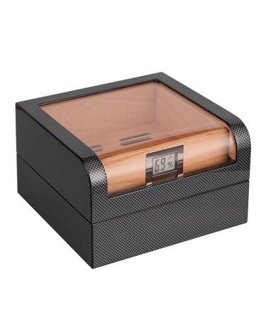 Portable Cigar Humidor Clear Window Cedar Double-Layer Large Capacity Carbon Fiber Humidor with Digital Thermometer Can Hold 30-50 Cigars