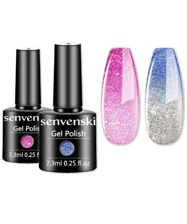 Senvenski Pink Blue Color Changing Gel Nail Polish Mother Gift Set Glitter Mood Temperature Thermal Chameleon Soak Off UV LED Art Manicure Kit Varnish (WB2-003)