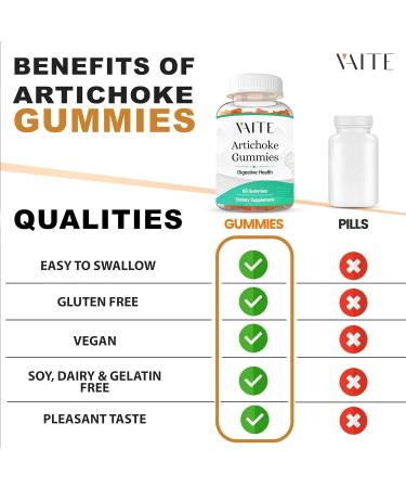 VAITE Artichoke Gummies - 1600mg Cynara Leaf Extract for Digestive Health & Antioxidant Support - Gluten-Free & Vegan - 60 Chews for Daily Cleanse & Skin Care - Buy Online on GoSupps.com