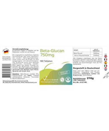 Beta-glucan 750mg - high dosage - vegan - 180 tablets - 70% polysaccharides | Vitamintrend  - Buy Online on GoSupps.com