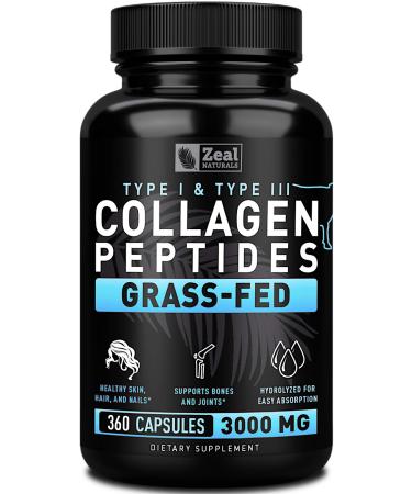 Zeal Naturals Collagen Peptides Collagen Pills (360 Capsules) Grass Fed Collagen Pepetide Powder - Hydrolyzed Collagen Powder for JointTendon SupplementHair Skin and Nails -